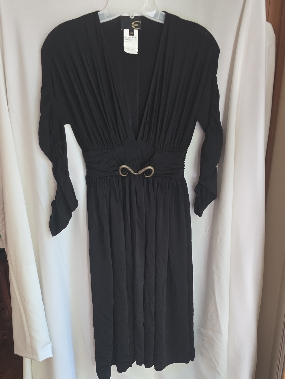 Just Cavalli Black Long Sleeve V-Neck Midi Dress with Decorative Waist Detail